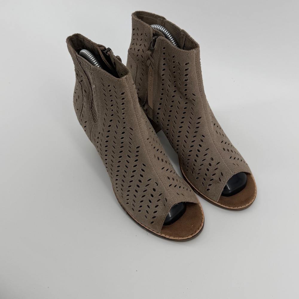 TOMS Majorca Taupe Suede‎ Perforated Peep Toe Booties Womens Heel Shoes